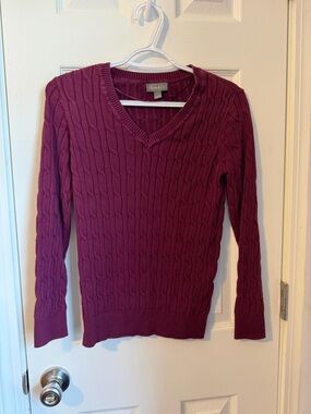 Style&Co. Women's S Cable-Knit V-Neck Pullover Sweater Burgundy Cotton